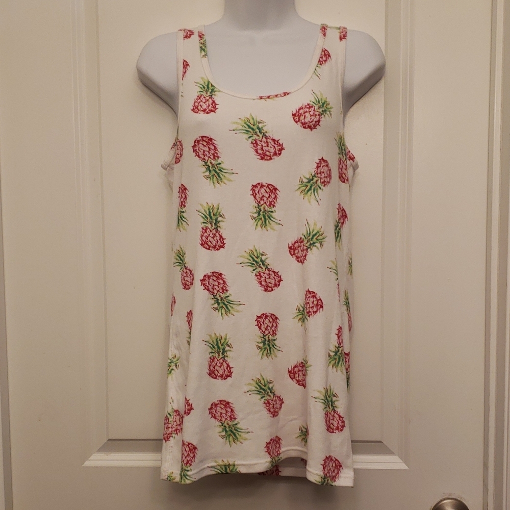 Time and Tru White Tank Top with Red Pink Pineapple Print Ribbed Stretchy XL